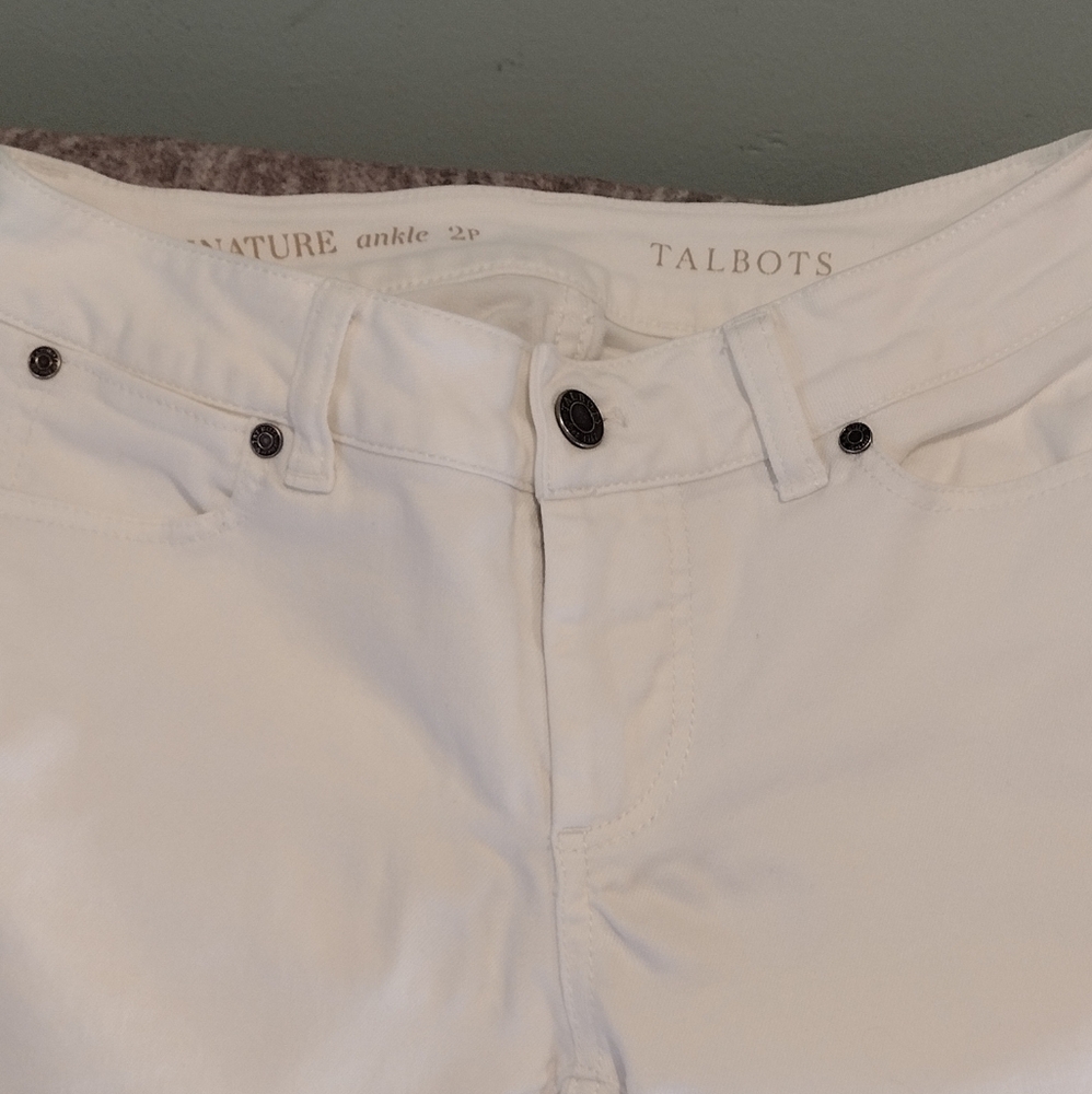 Talbots Slim Ankle White Jeans Size 2 Petite Mid Rise Cotton Blend